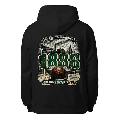 Black unisex hoodie with large back graphic print and hood drawstrings