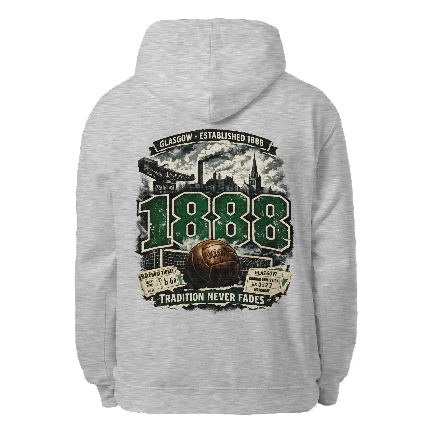 Heather grey unisex hoodie with large back graphic print and hood drawstrings