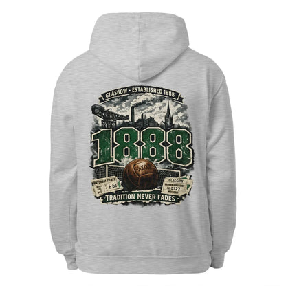 Heather grey unisex hoodie with large back graphic print and hood drawstrings