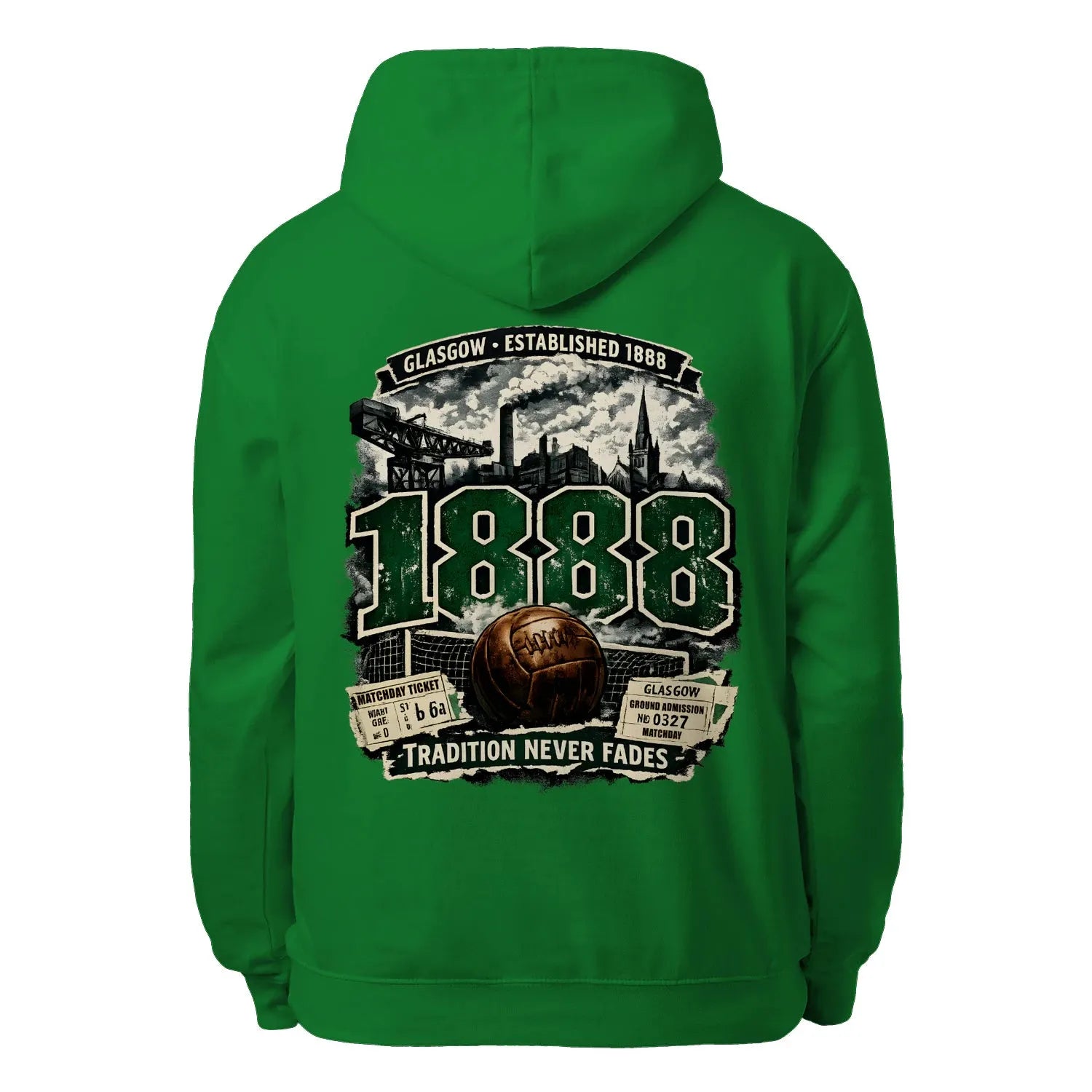 Kelly green unisex hoodie with large back graphic print and hood drawstrings