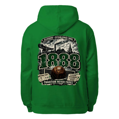 Kelly green unisex hoodie with large back graphic print and hood drawstrings