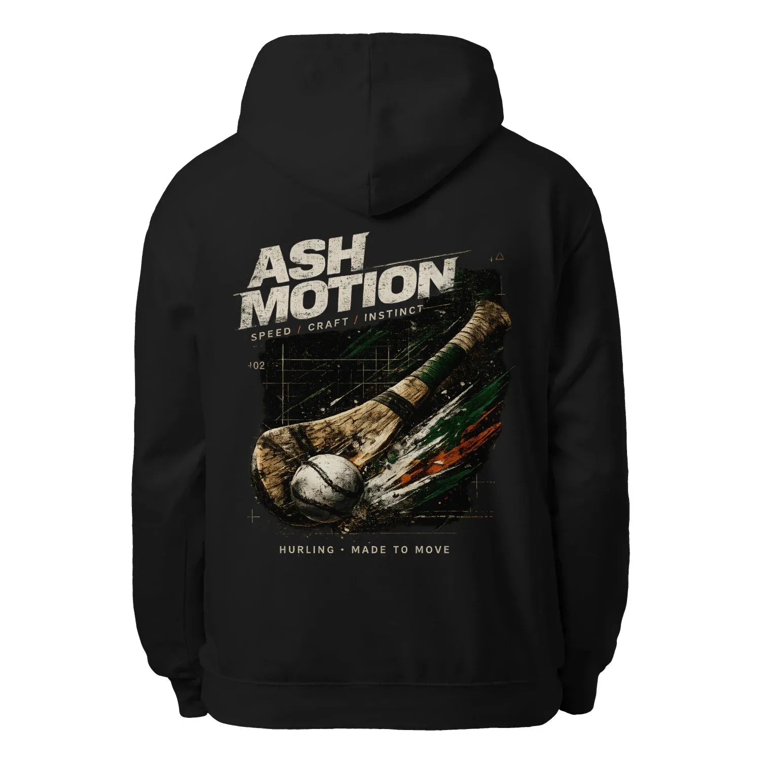 Black unisex hoodie with large back graphic text Ash Motion and hurling stick