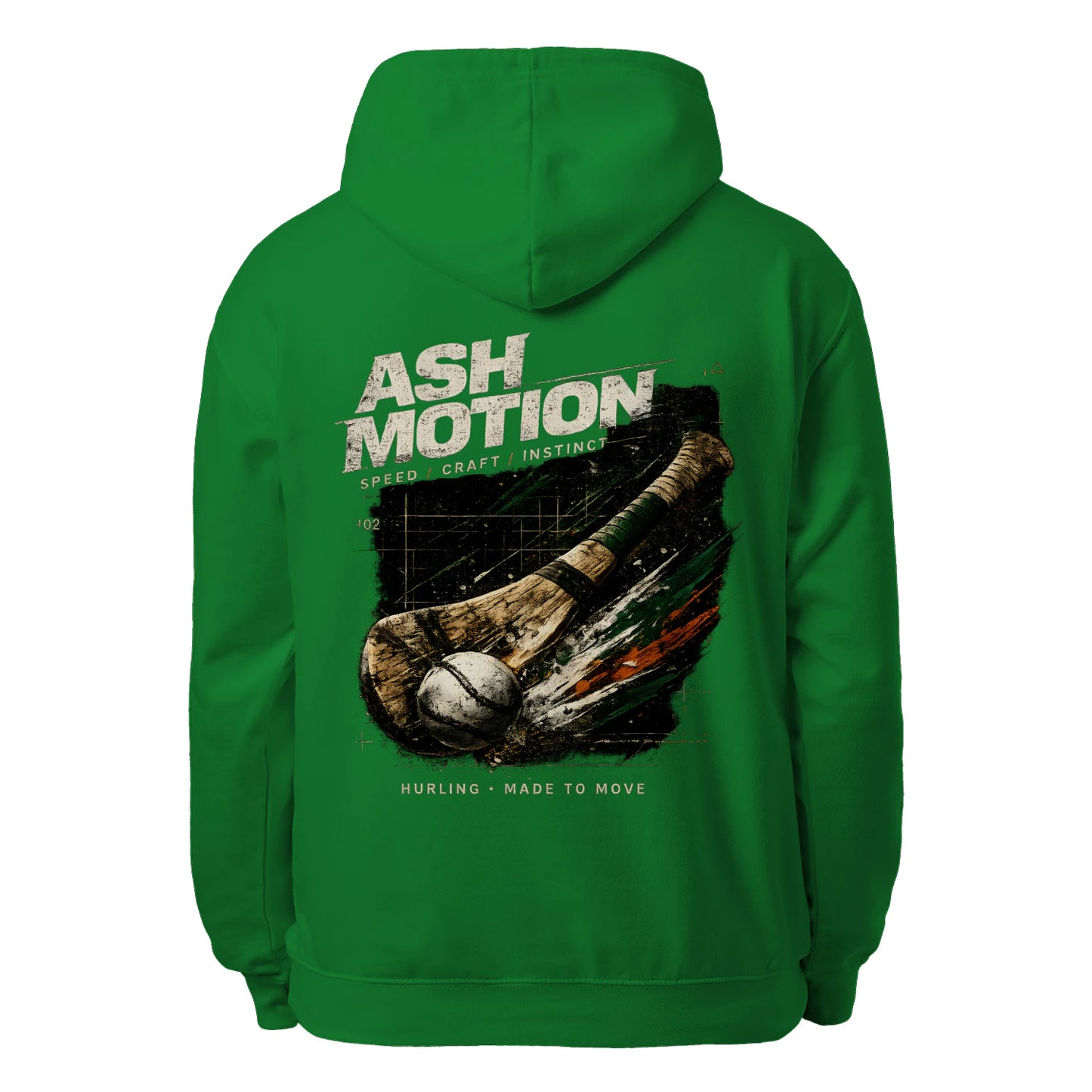 Kelly green unisex hoodie with large back graphic Ash Motion and hurling stick