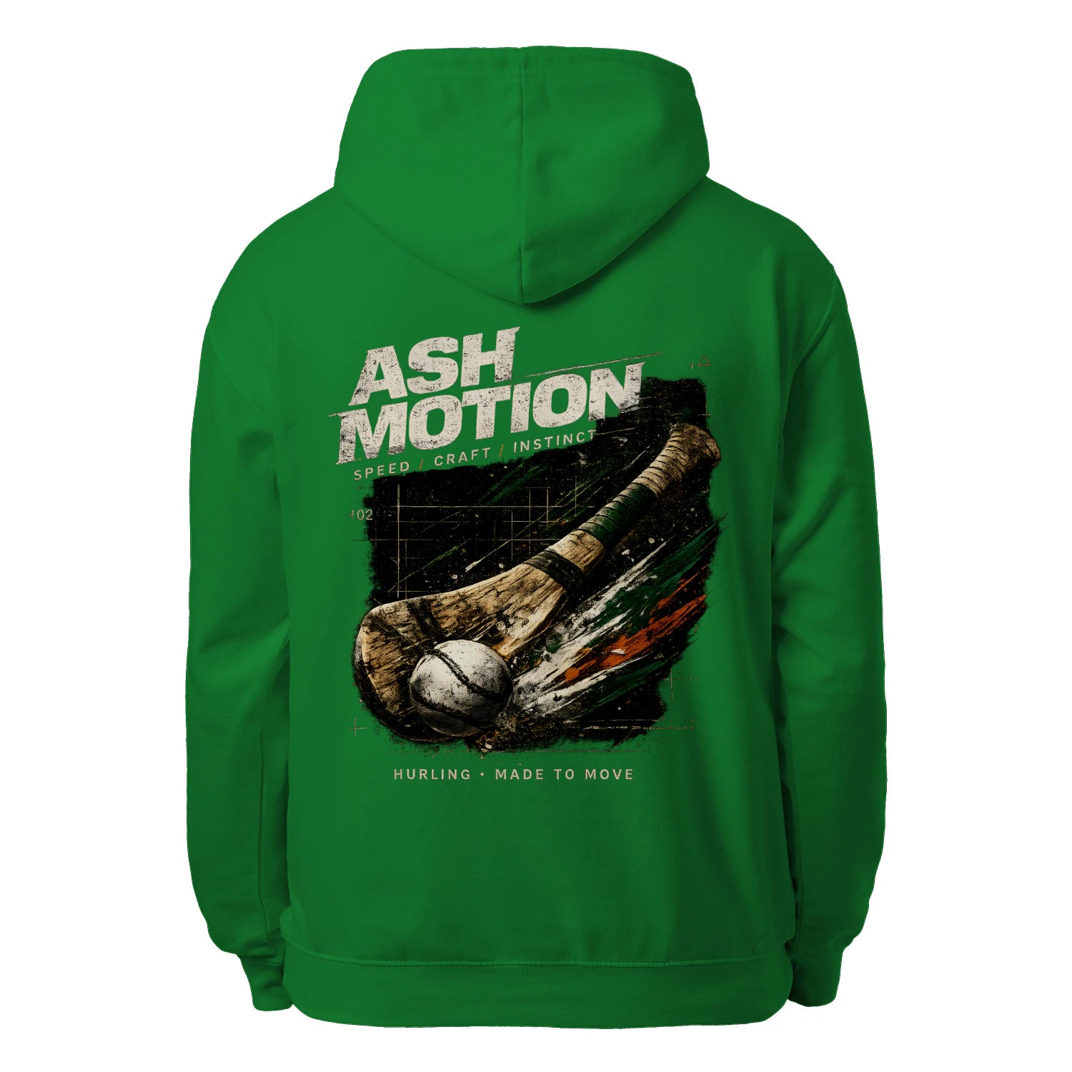 Kelly green unisex hoodie with large back graphic Ash Motion and hurling stick