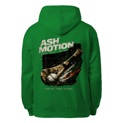 Kelly green unisex hoodie with large back graphic Ash Motion and hurling stick