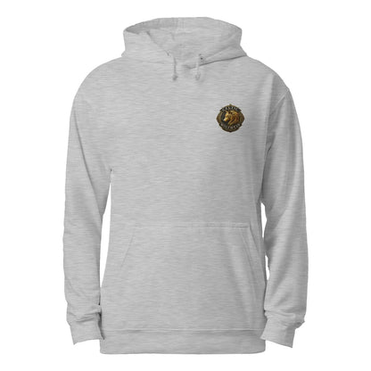 Heather grey unisex hoodie with front pocket, drawstring hood, and small chest crest