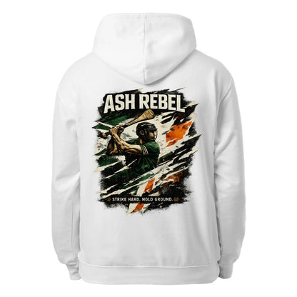 White unisex hoodie with large back graphic print and drawstring hood
