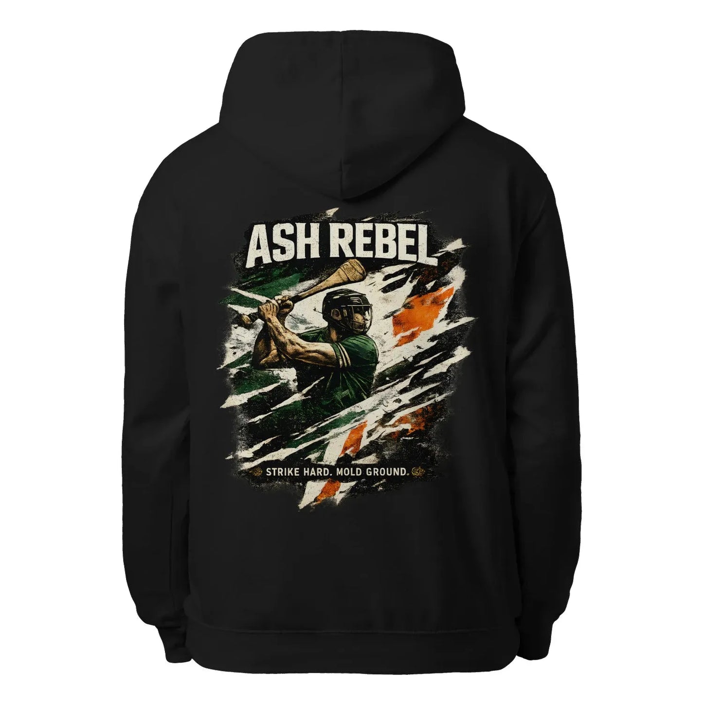 Black unisex hoodie with large back graphic print and drawstring hood