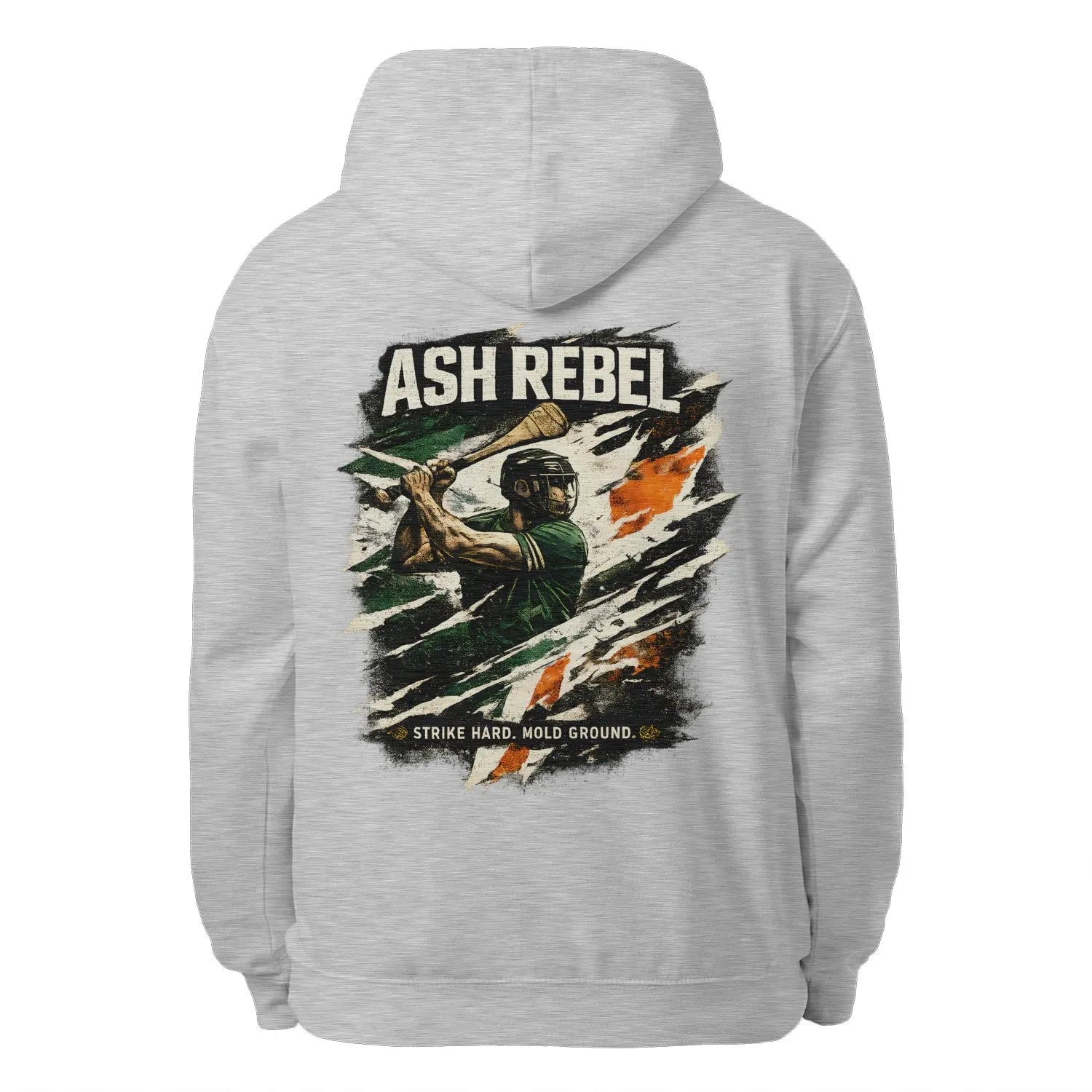Heather grey unisex hoodie with large back graphic print and drawstring hood