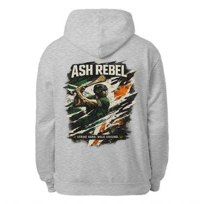 Heather grey unisex hoodie with large back graphic print and drawstring hood