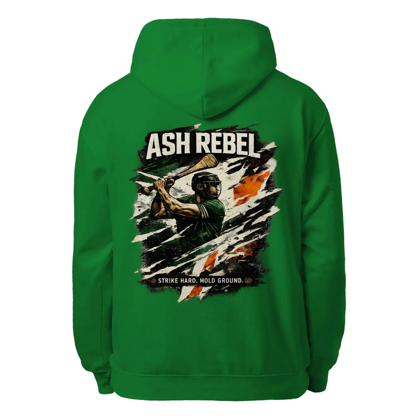 Kelly green unisex hoodie with large back graphic print and drawstring hood
