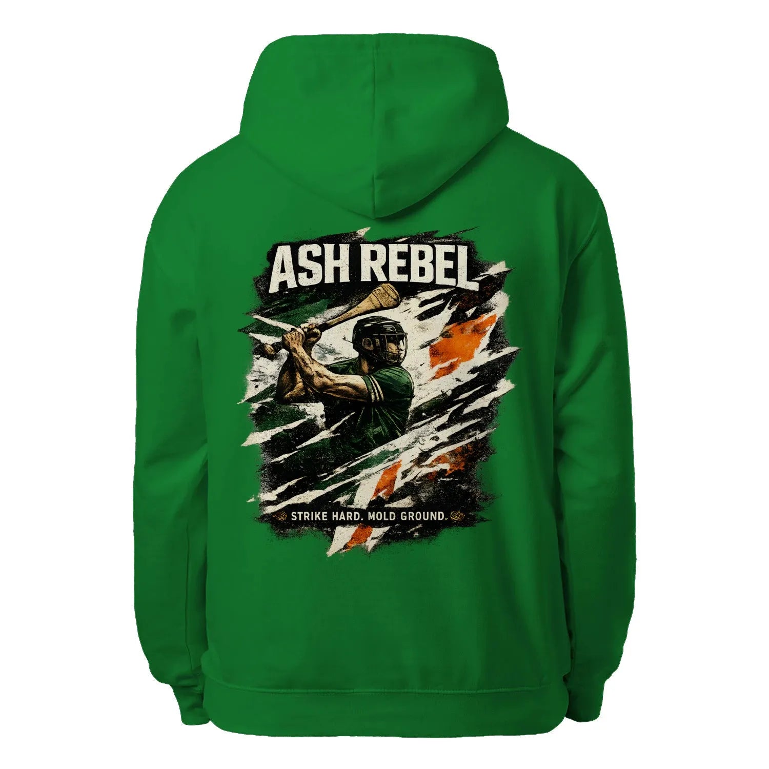 Kelly green unisex hoodie with large back graphic print and drawstring hood