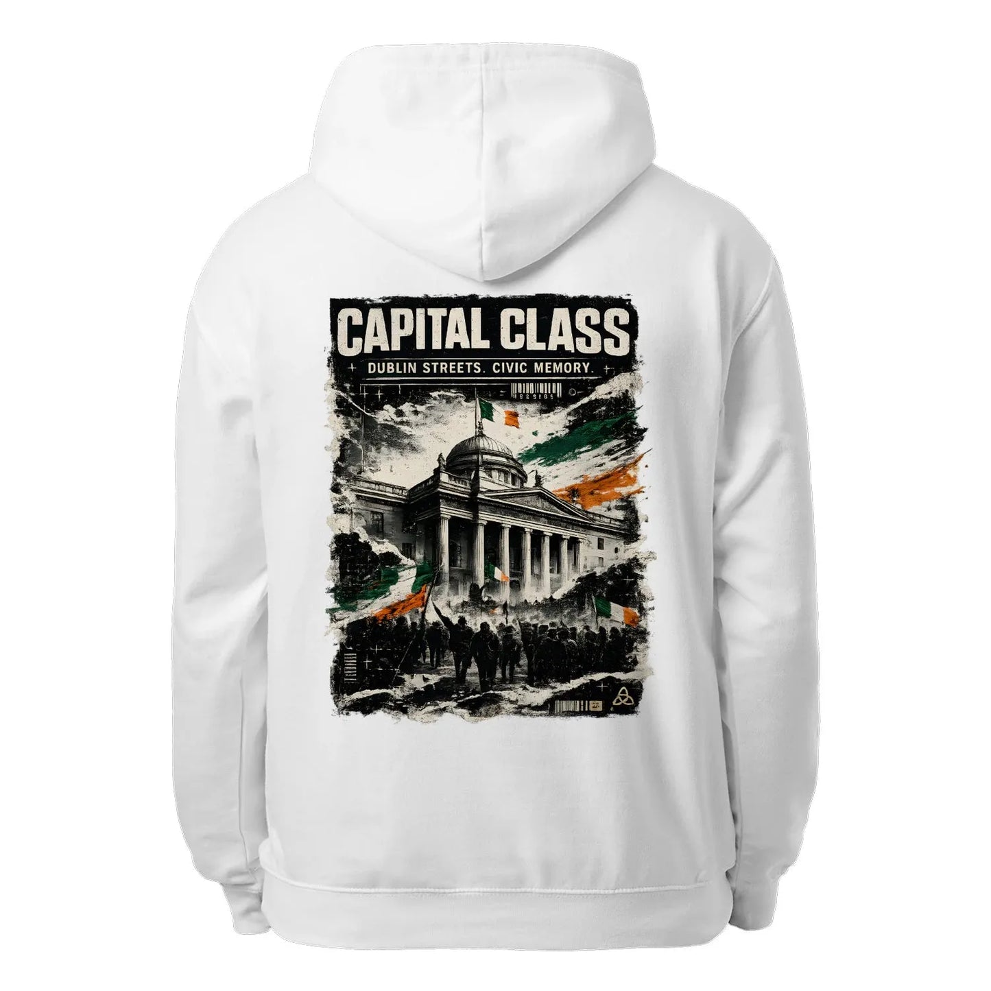 White unisex hoodie with hood and large back print "CAPITAL CLASS".