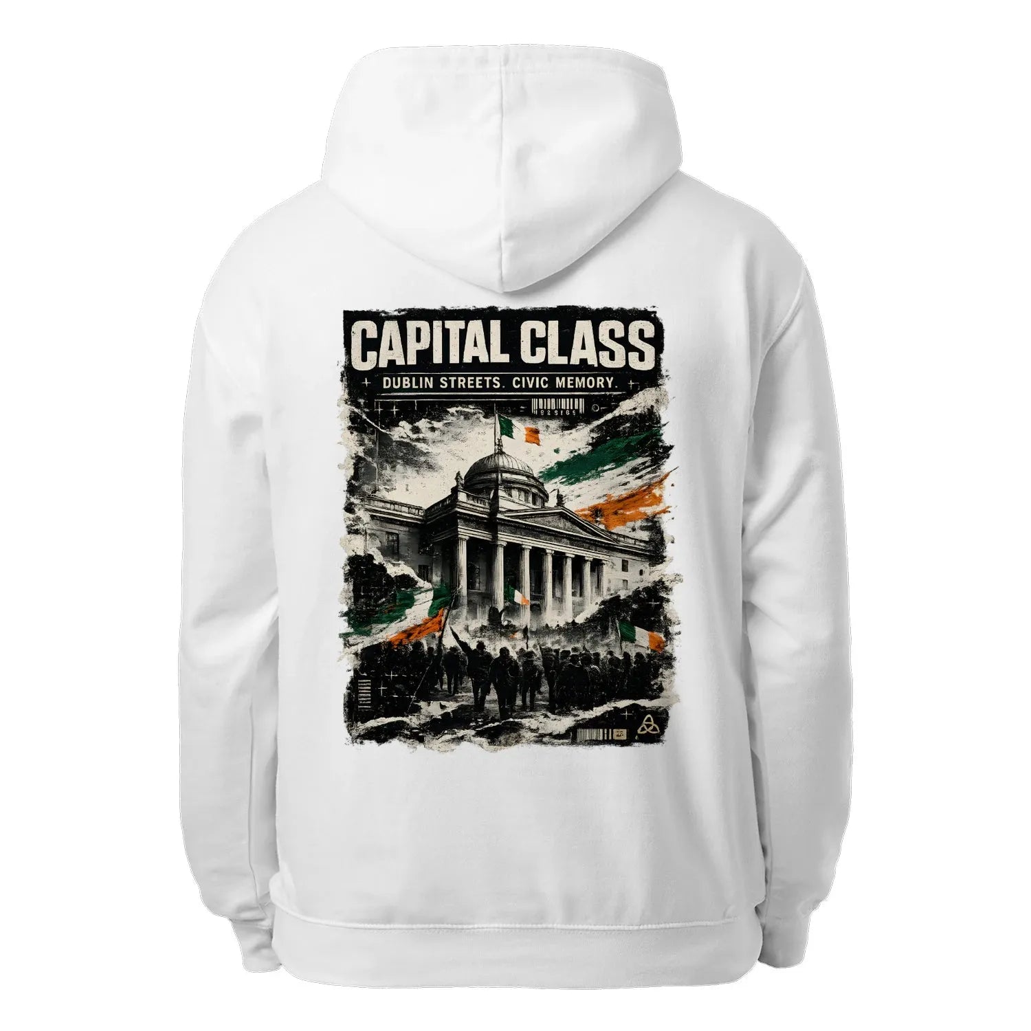 White unisex hoodie with hood and large back print "CAPITAL CLASS".