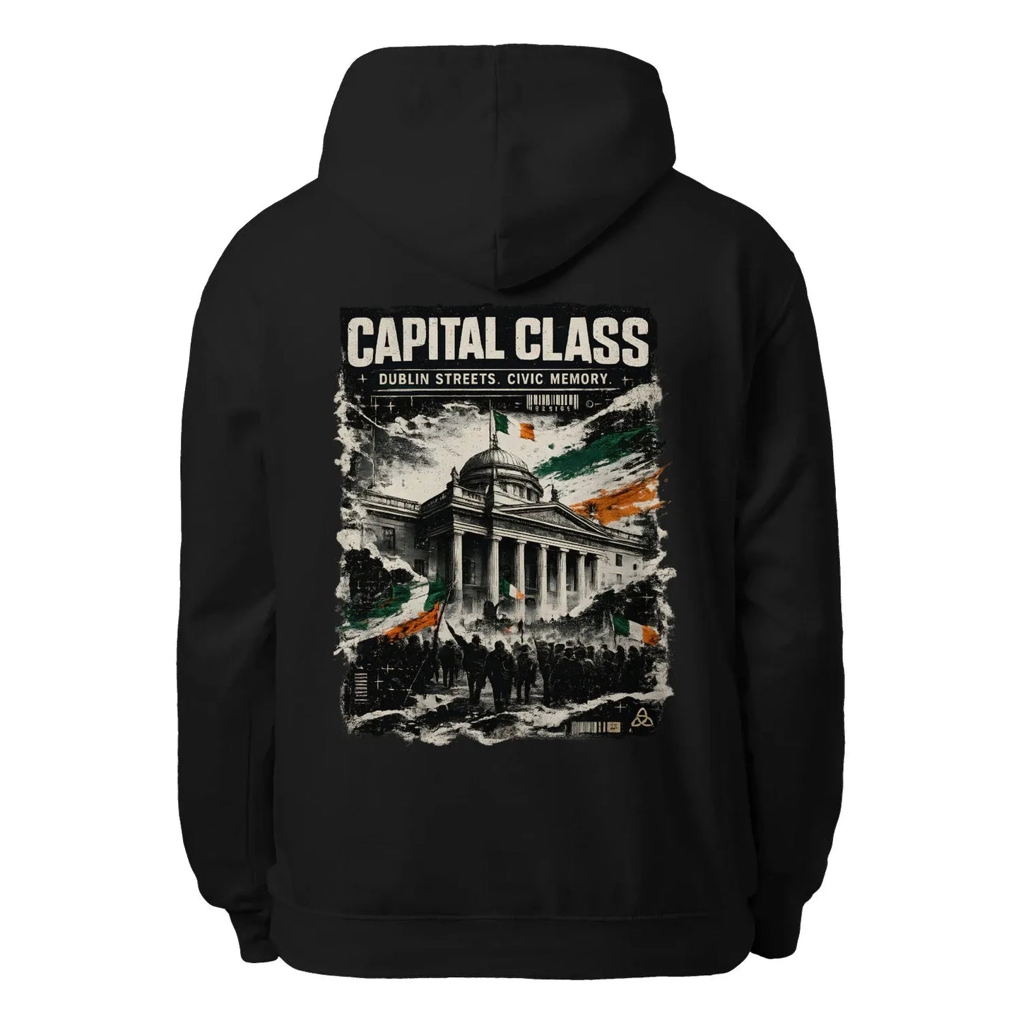Black unisex hoodie with hood, front pocket, large back print "CAPITAL CLASS".