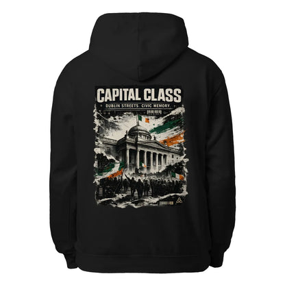 Black unisex hoodie with hood, front pocket, large back print "CAPITAL CLASS".