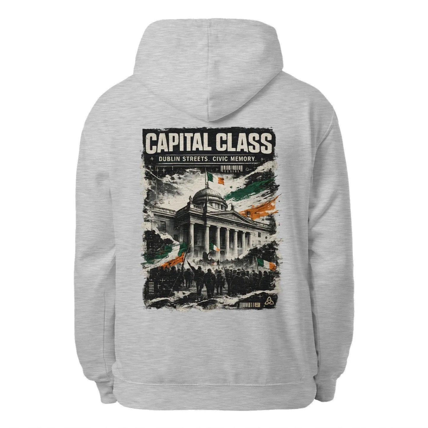 Heather grey unisex hoodie with hood and large back graphic "CAPITAL CLASS".