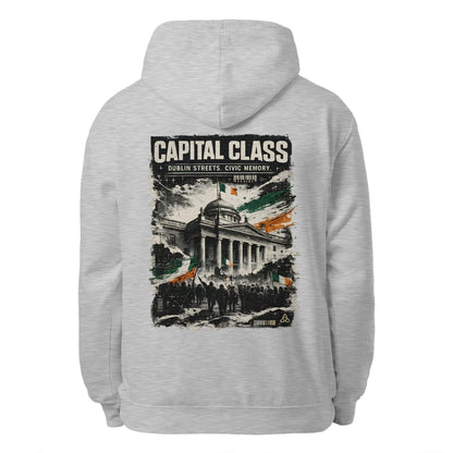 Heather grey unisex hoodie with hood and large back graphic "CAPITAL CLASS".