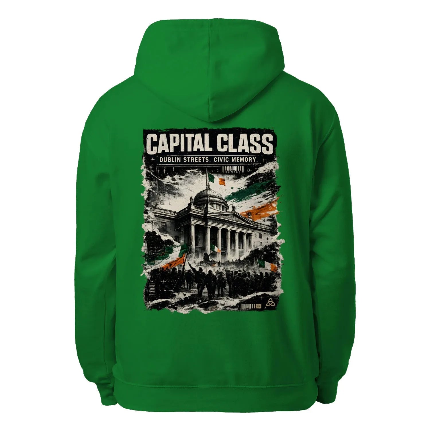 Kelly green unisex hoodie with hood and large back print "CAPITAL CLASS".