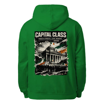 Kelly green unisex hoodie with hood and large back print "CAPITAL CLASS".