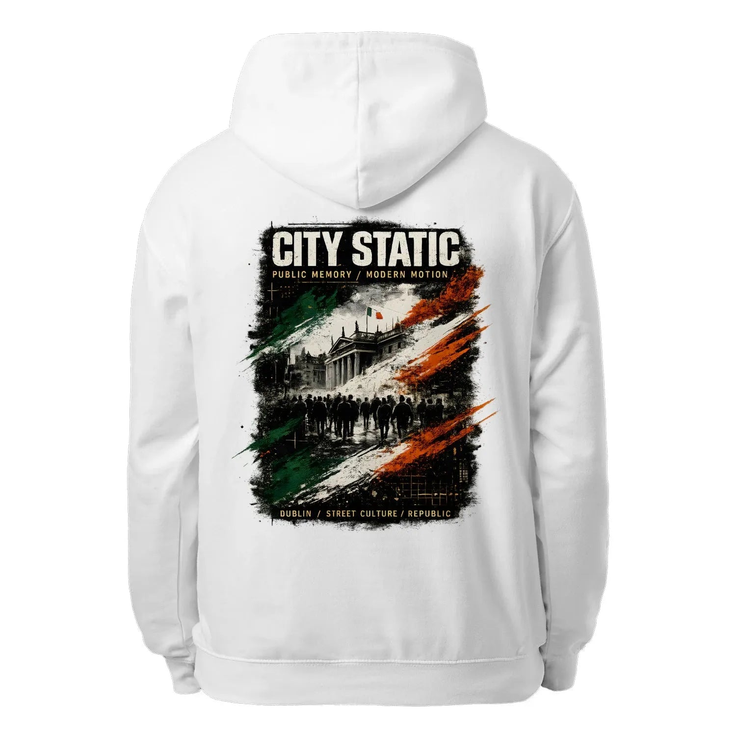 White unisex hoodie with back CITY STATIC graphic, drawstring hood, and kangaroo pocket.