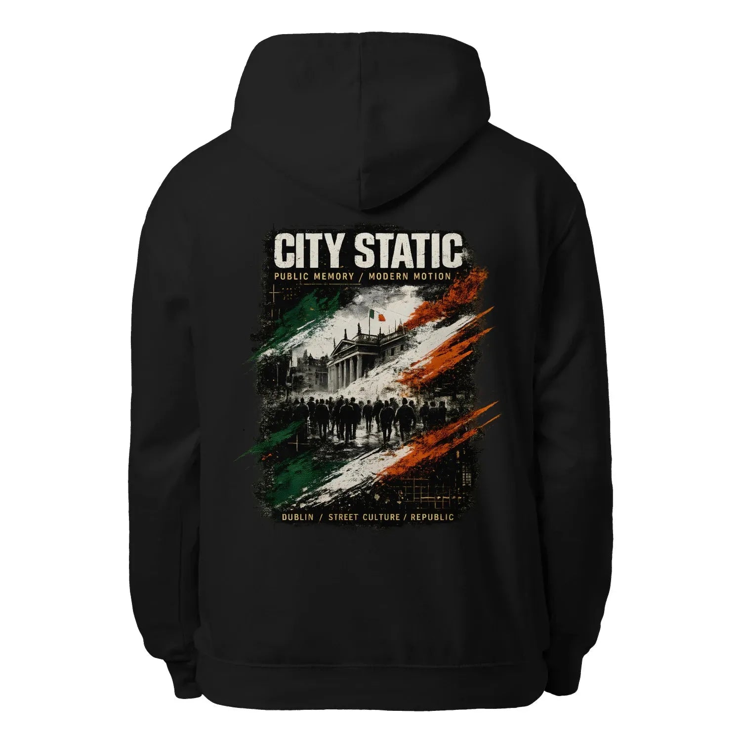 Black unisex hoodie with back CITY STATIC graphic, drawstring hood, and kangaroo pocket.
