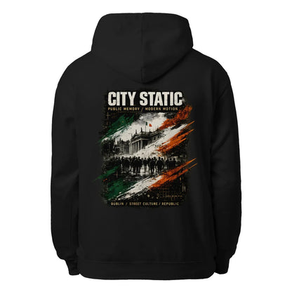 Black unisex hoodie with back CITY STATIC graphic, drawstring hood, and kangaroo pocket.