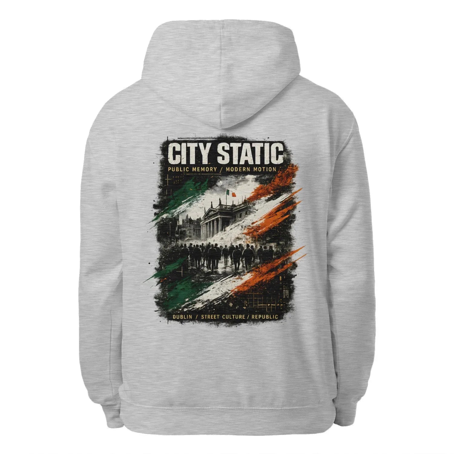Heather grey unisex hoodie with back CITY STATIC graphic, drawstring hood, and kangaroo pocket.
