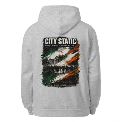 Heather grey unisex hoodie with back CITY STATIC graphic, drawstring hood, and kangaroo pocket.