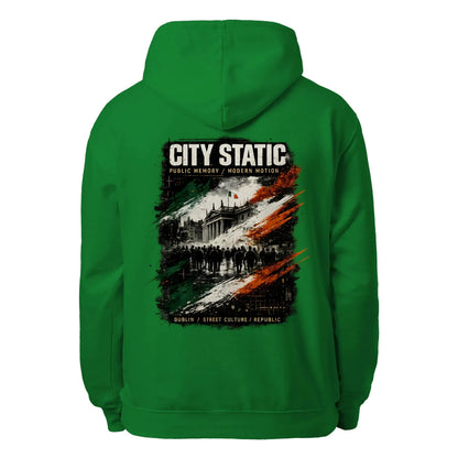 Kelly green unisex hoodie with back CITY STATIC graphic, drawstring hood, and kangaroo pocket.