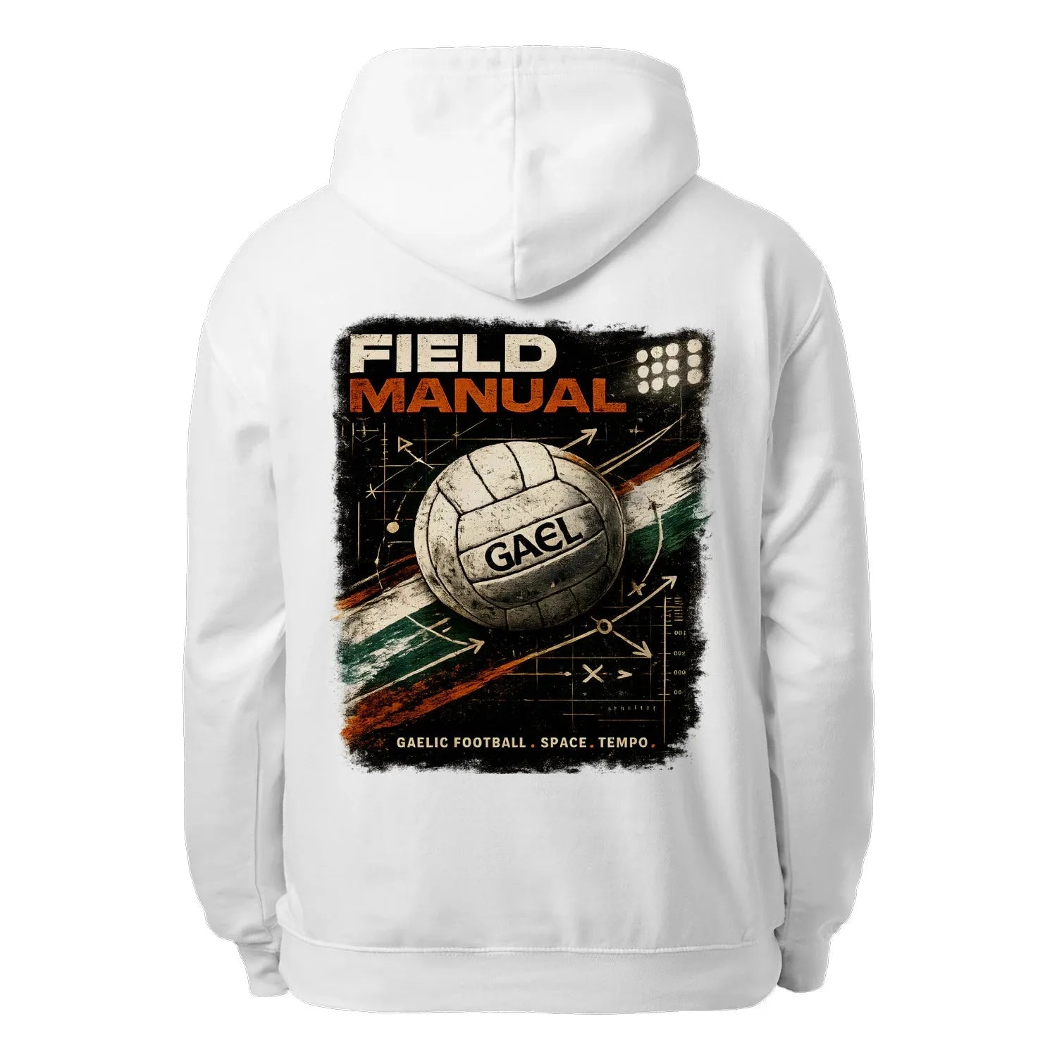 White unisex hoodie with large back graphic featuring ball and “FIELD MANUAL” text