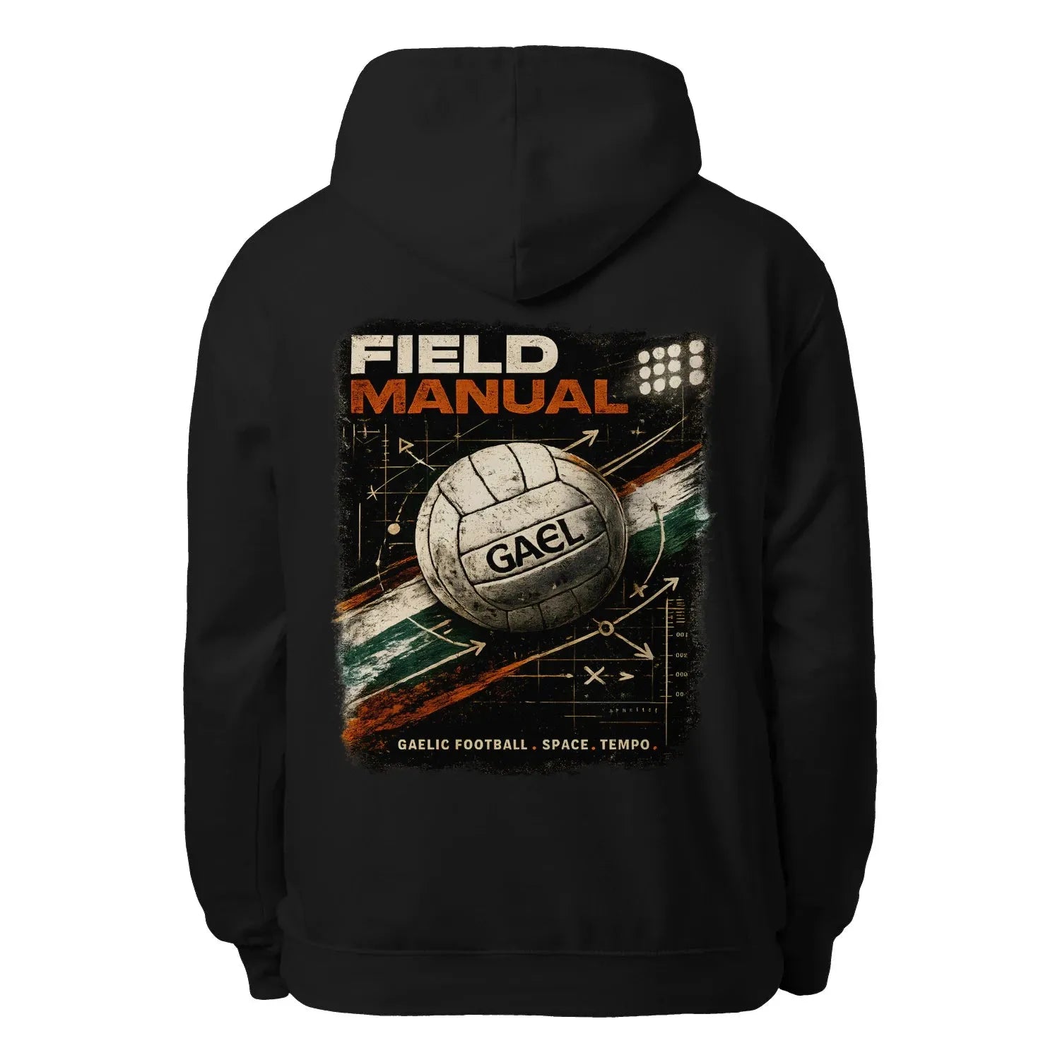 Black unisex hoodie with large back graphic featuring ball and “FIELD MANUAL” text