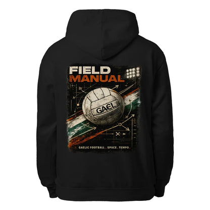 Black unisex hoodie with large back graphic featuring ball and “FIELD MANUAL” text