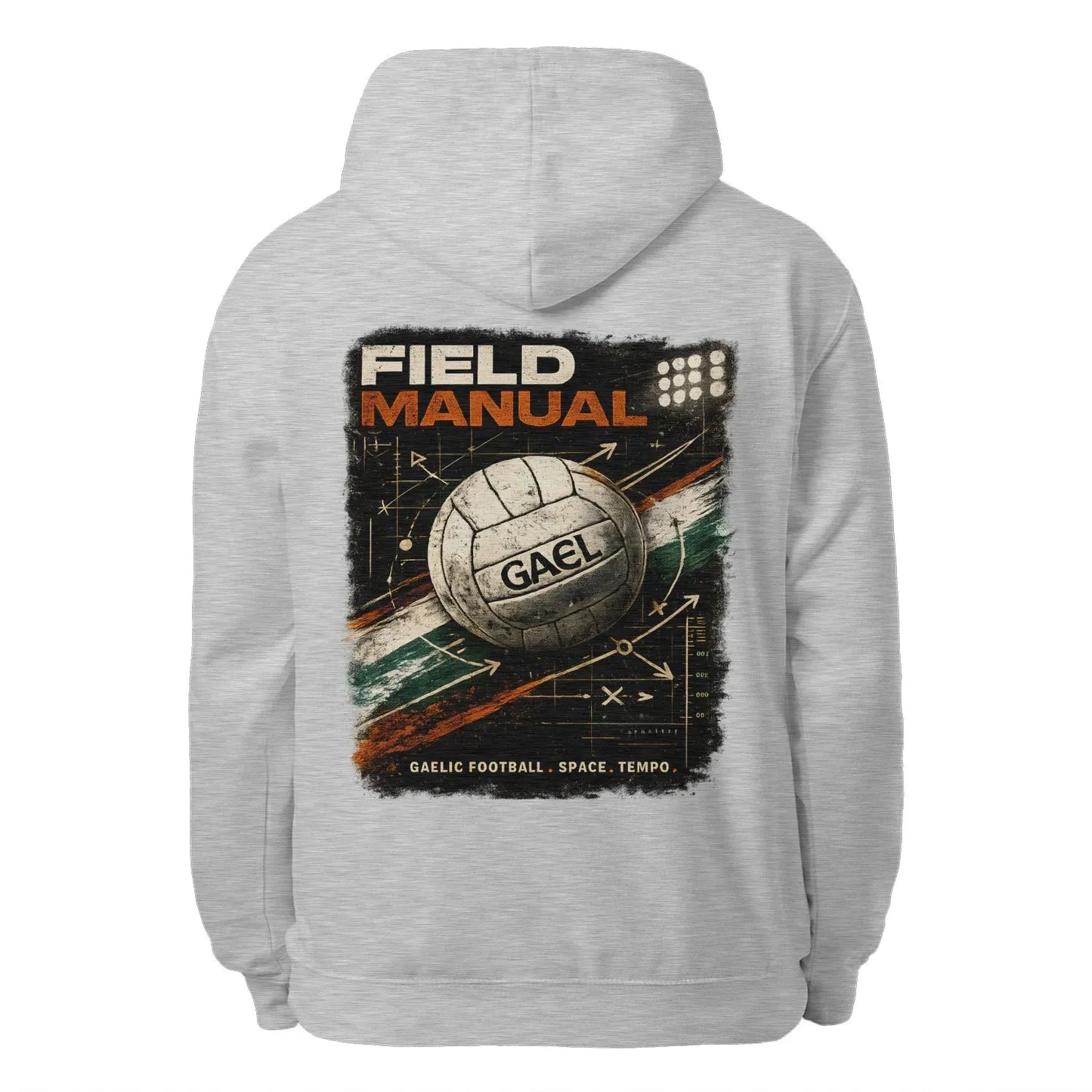 Heather grey unisex hoodie with large back graphic featuring ball and “FIELD MANUAL” text