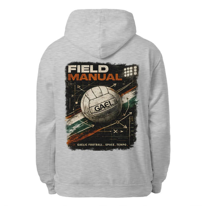 Heather grey unisex hoodie with large back graphic featuring ball and “FIELD MANUAL” text