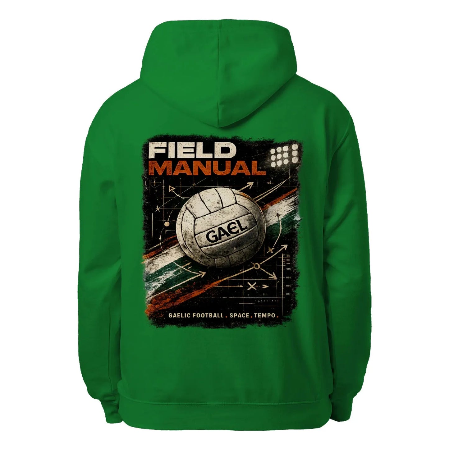 Kelly green unisex hoodie with large back graphic featuring ball and “FIELD MANUAL” text