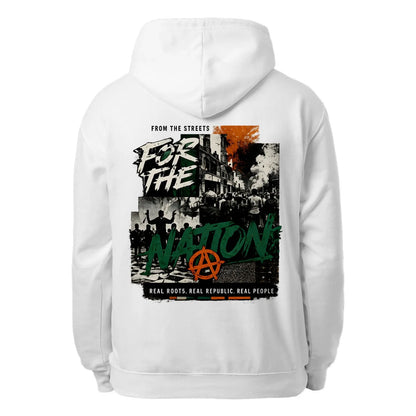 White unisex hoodie with large back graphic, hood drawstrings, and front pocket