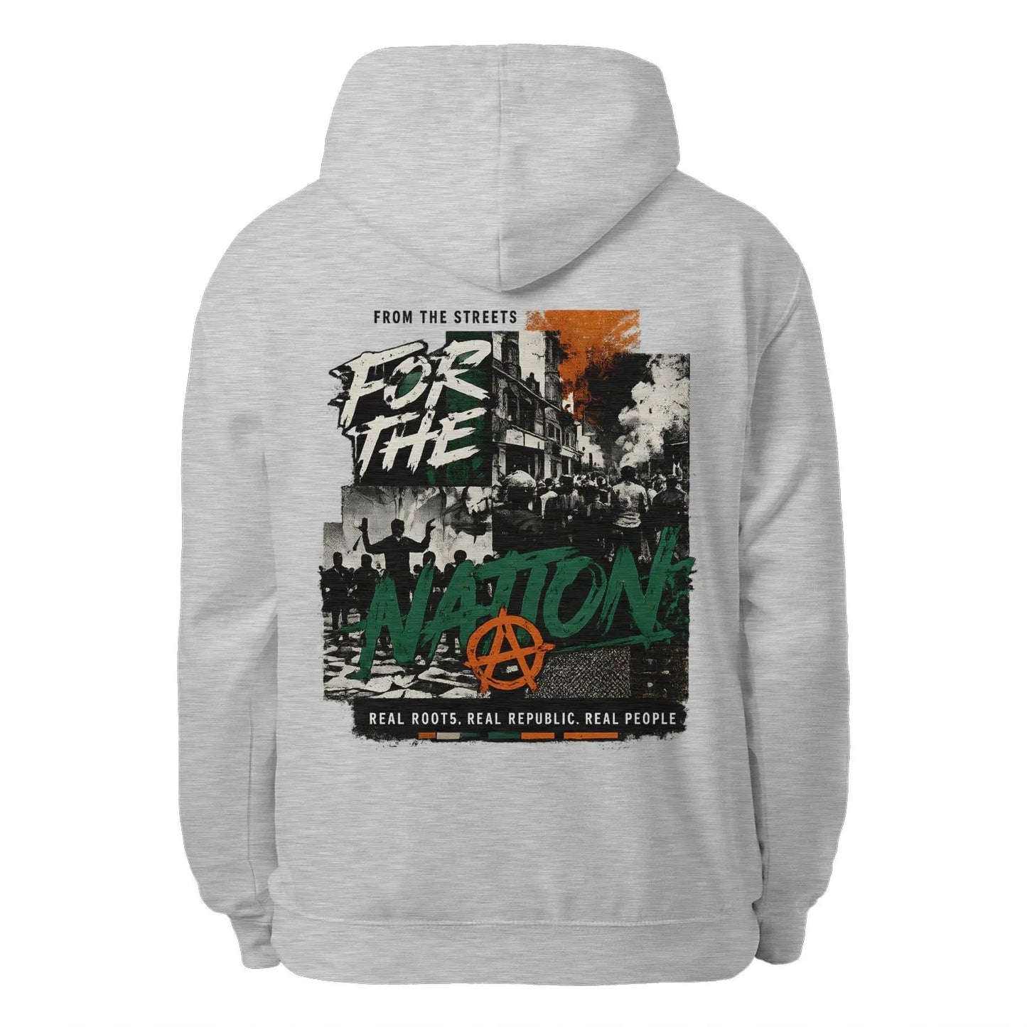 Heather grey unisex hoodie with large back graphic, hood drawstrings, and front pocket