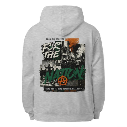 Heather grey unisex hoodie with large back graphic, hood drawstrings, and front pocket