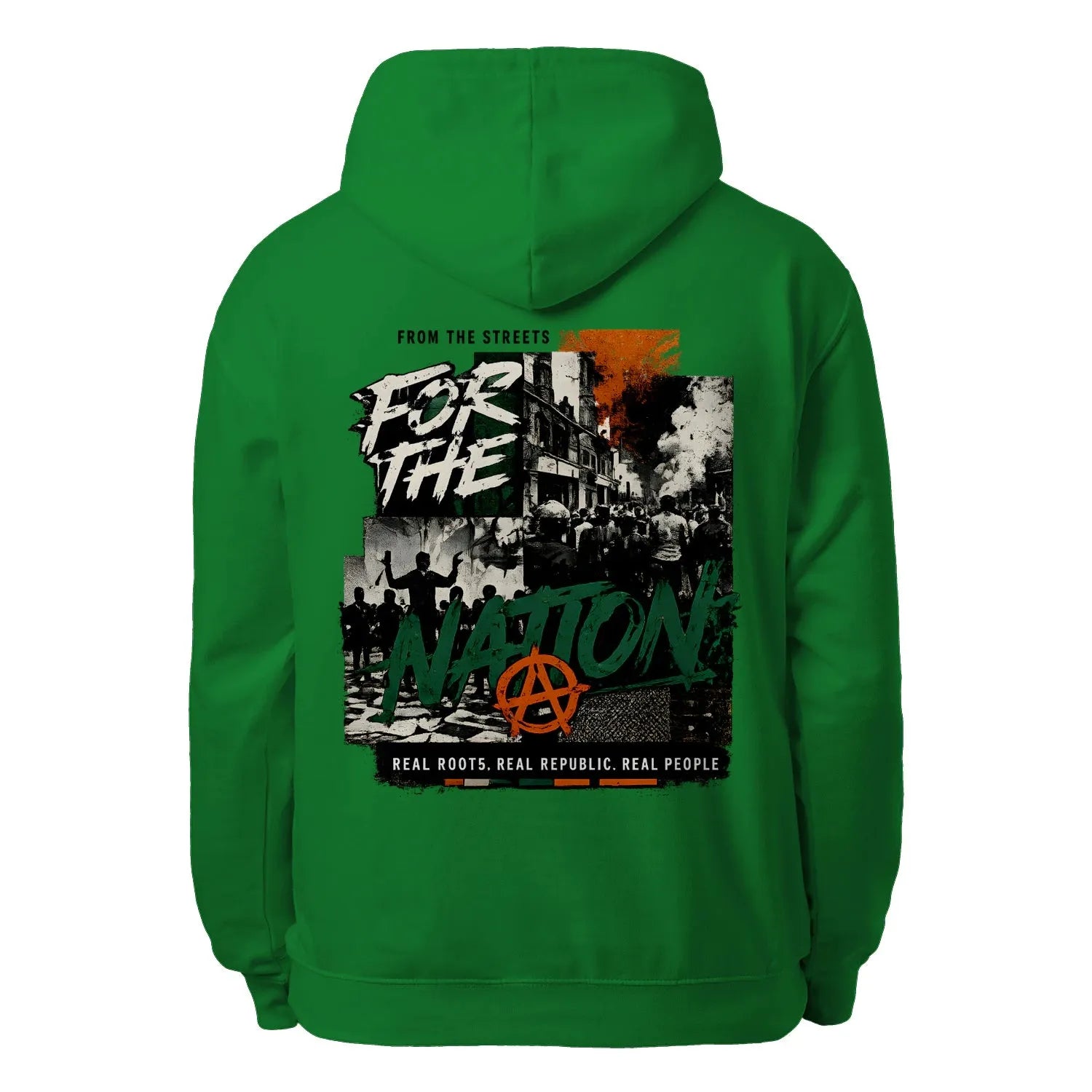 Kelly green unisex hoodie with large back graphic, hood drawstrings, and front pocket