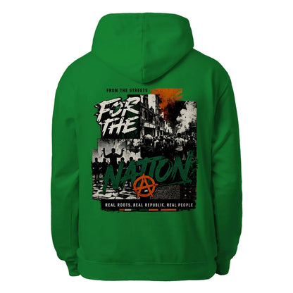 Kelly green unisex hoodie with large back graphic, hood drawstrings, and front pocket