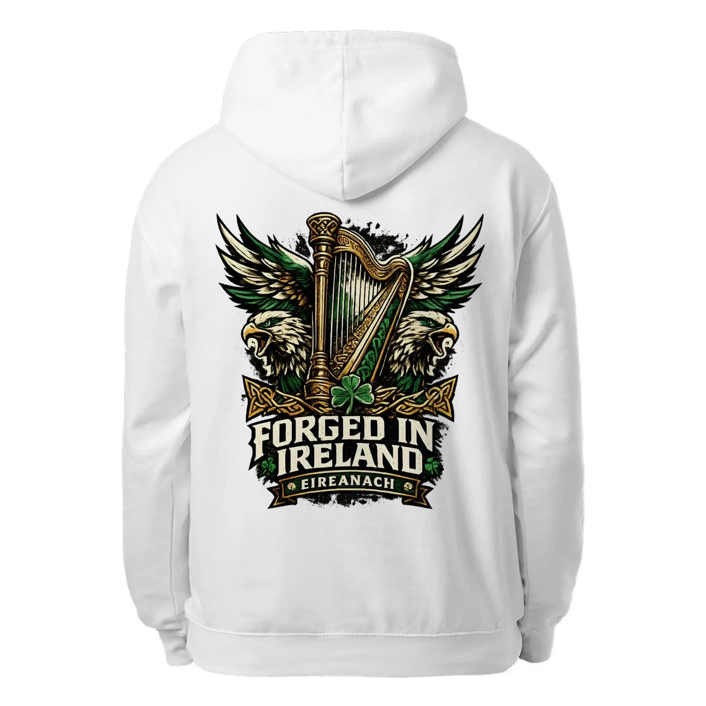 White unisex hoodie, full back logo with harp and wings
