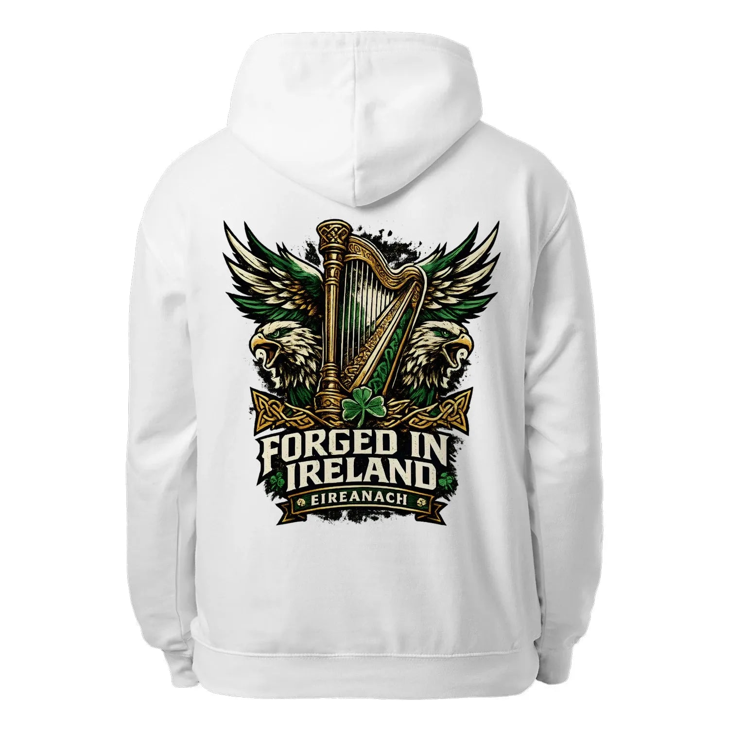 White unisex hoodie, full back logo with harp and wings