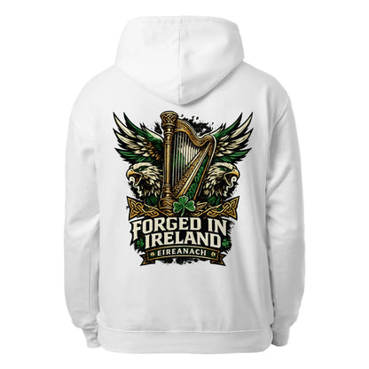 White unisex hoodie, full back logo with harp and wings