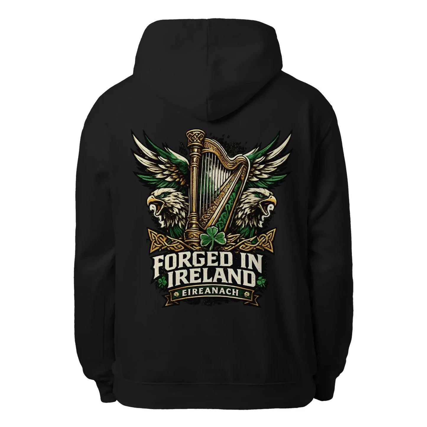 Black unisex hoodie, full back logo with harp and wings