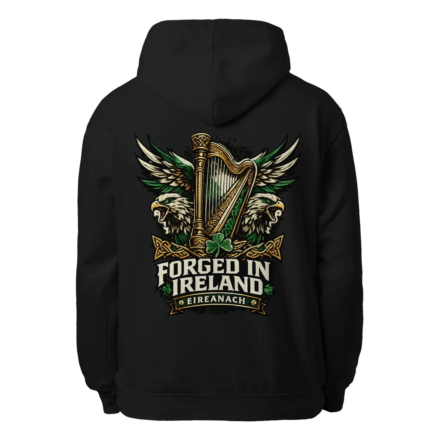 Black unisex hoodie, full back logo with harp and wings