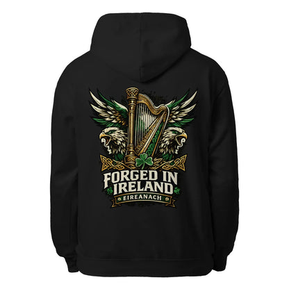 Black unisex hoodie, full back logo with harp and wings