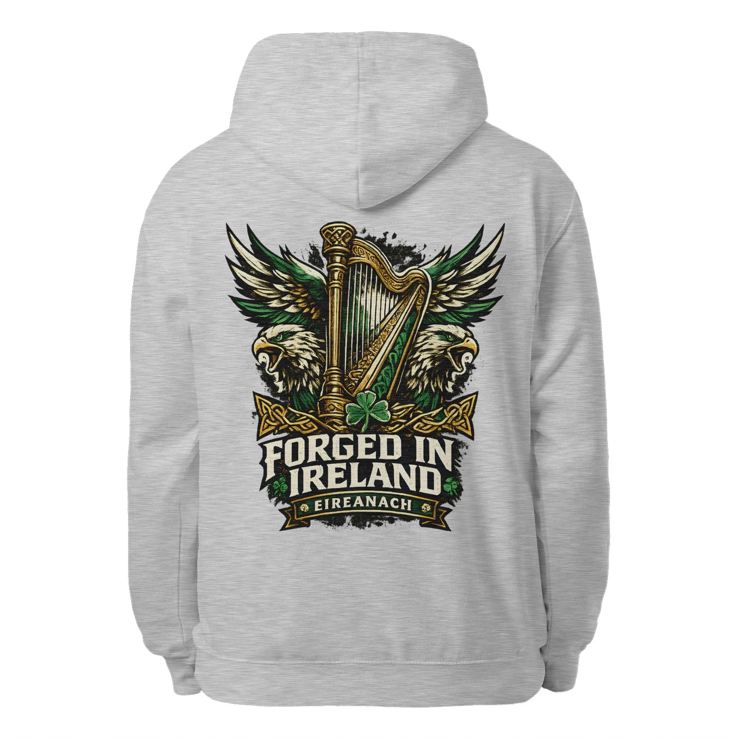 Heather gray unisex hoodie, full back logo with harp and wings