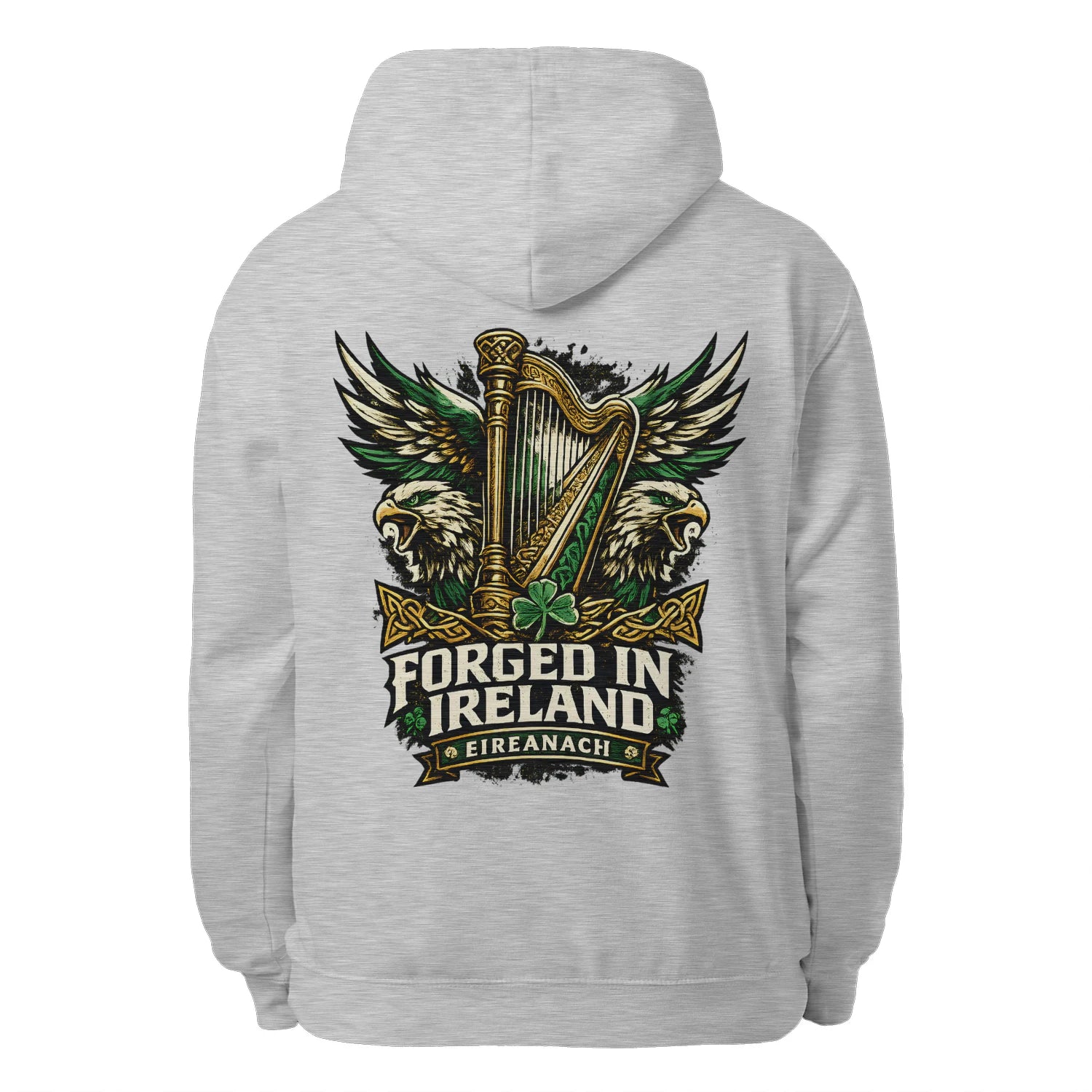 Heather gray unisex hoodie, full back logo with harp and wings