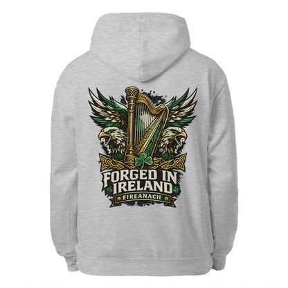Heather gray unisex hoodie, full back logo with harp and wings